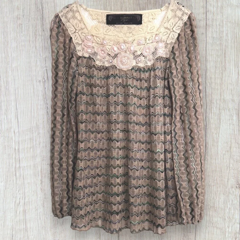FREE PEOPLE New Romantics Stripe Beige Lace Pink Beaded Peasant Blouse Top S
